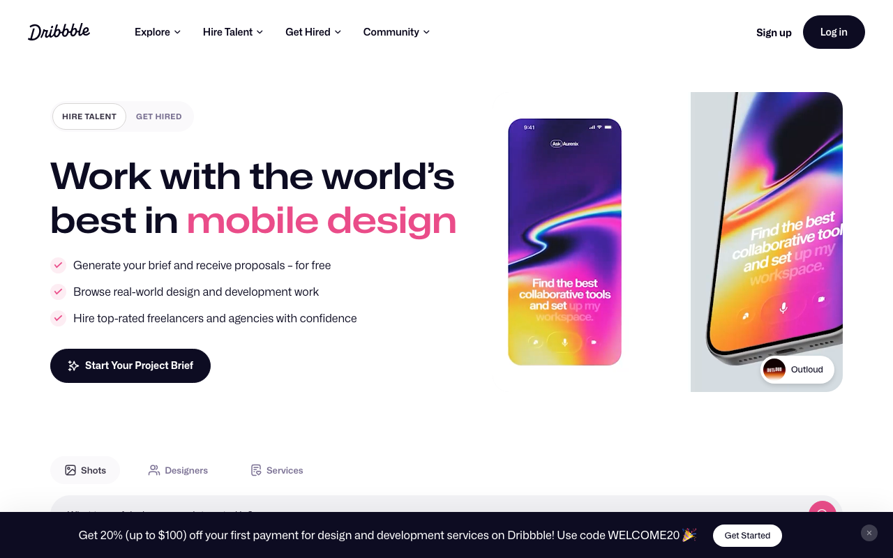 Dribbbleのトップページ