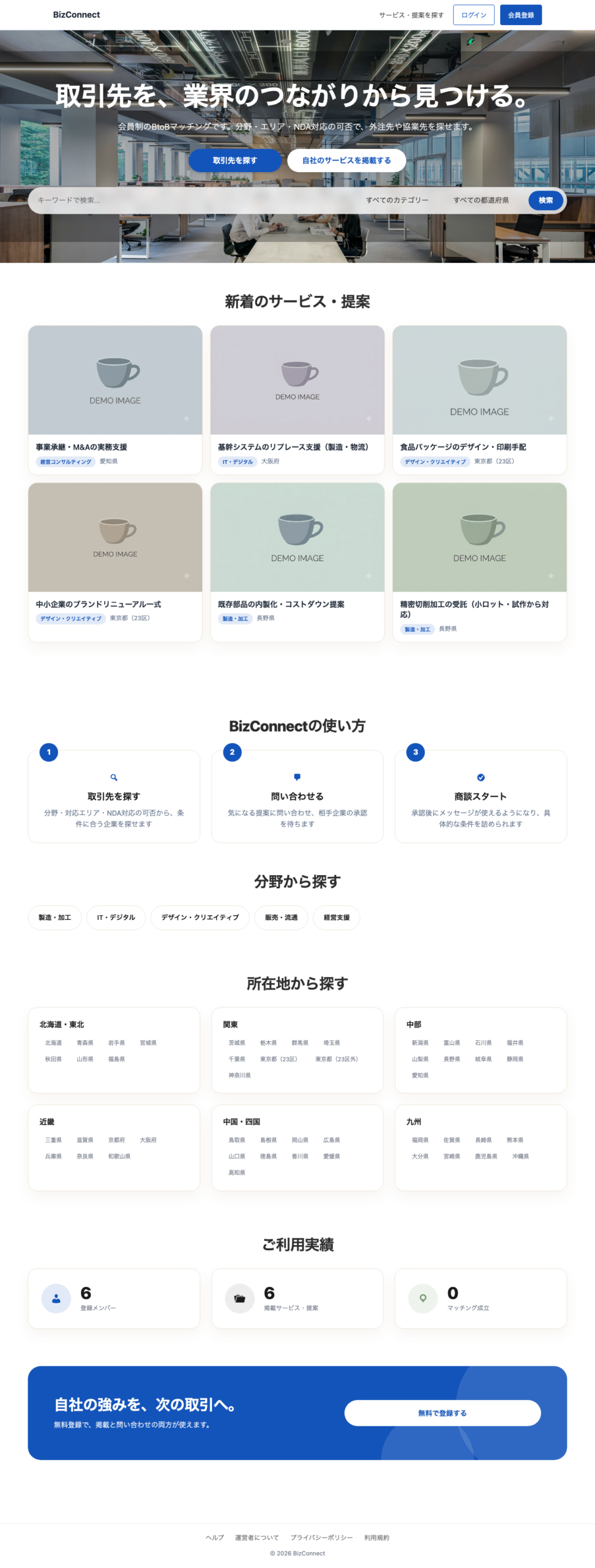BizConnectのトップページ。「取引先を、業界のつながりから見つける。」のキャッチコピーとオフィスのヒーロー画像、新着のサービス・提案、BizConnectの使い方3ステップ、分野から探す、所在地から探す、ご利用実績のセクションが並んでいる。