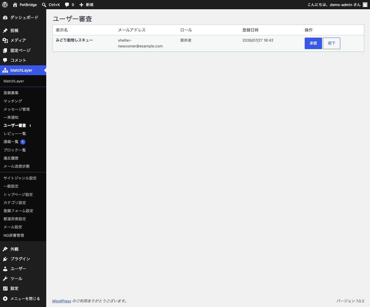 ユーザー審査の画面。承認待ちの保護主が1件表示され、表示名・メールアドレス・ロール・登録日時と、承認・却下のボタンが並んでいる。サイドメニューの「ユーザー審査」には件数のバッジが付いている。