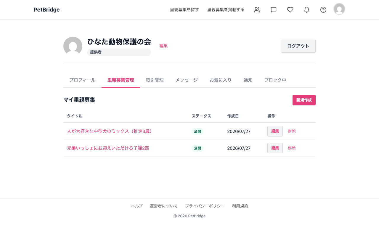 マイページの里親募集管理タブ。保護主が登録した募集が一覧表示され、各行に編集ボタンが並んでいる。