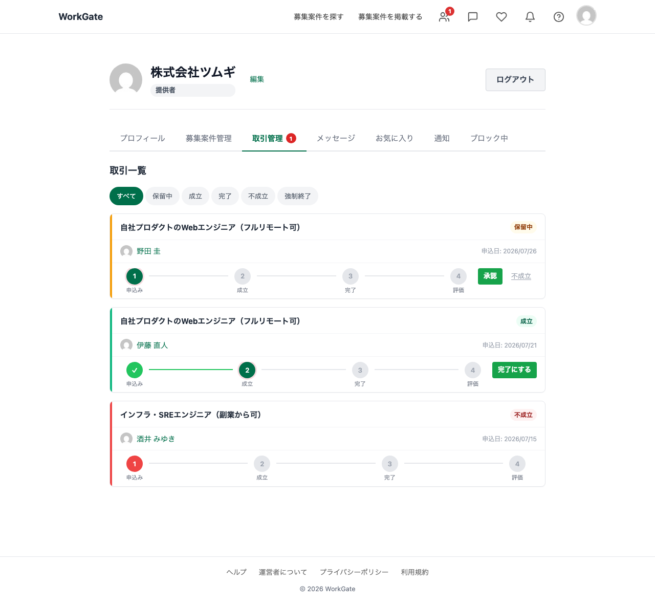 採用企業のマイページの取引管理タブ。3件の応募が表示され、それぞれ「保留中」「成立」「不成立」のバッジが付いている。各行に応募者名と申込日、申込み・成立・完了・評価の4段階を示すステップ表示がある。