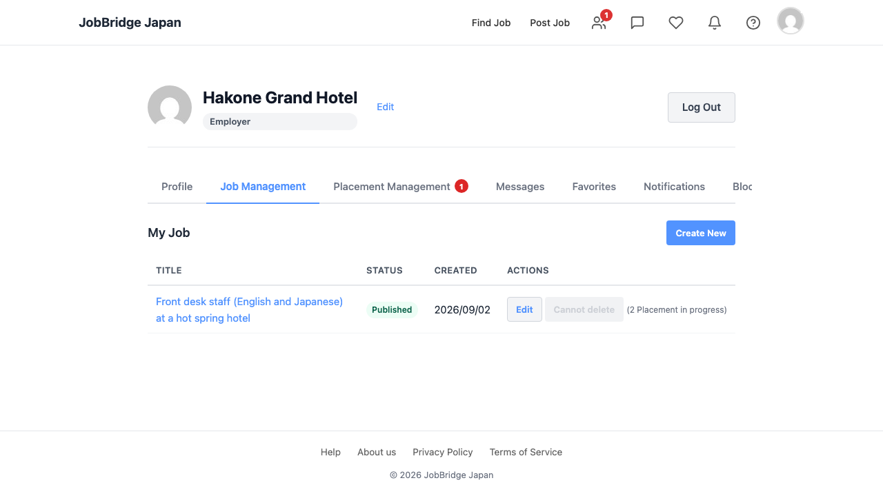 企業のマイページの求人管理タブ。ヘッダーにFind JobとPost Job、タブの下にMy Jobと表示されている。