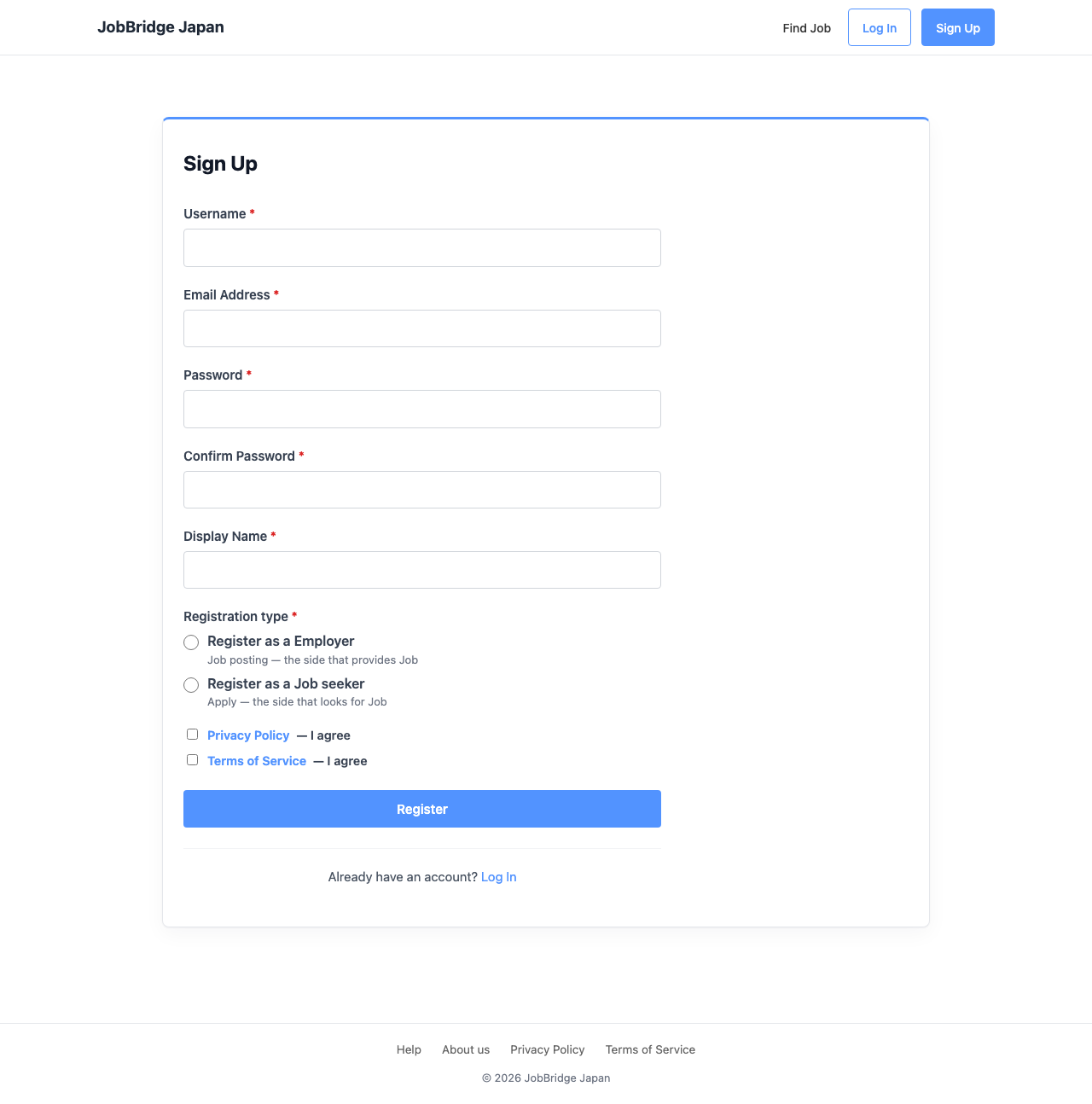 会員登録フォーム。Registration typeにRegister as a EmployerとRegister as a Job seekerの2つの選択肢が並んでいる。
